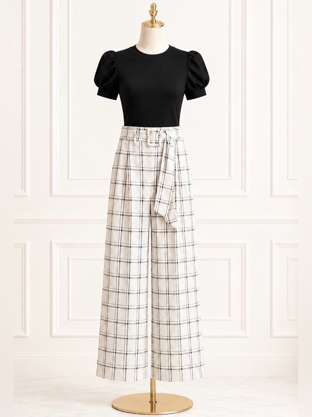 Choosy Ivory Plaid Wide Leg Pants High Rise Belted 4 NWT MSRP $120